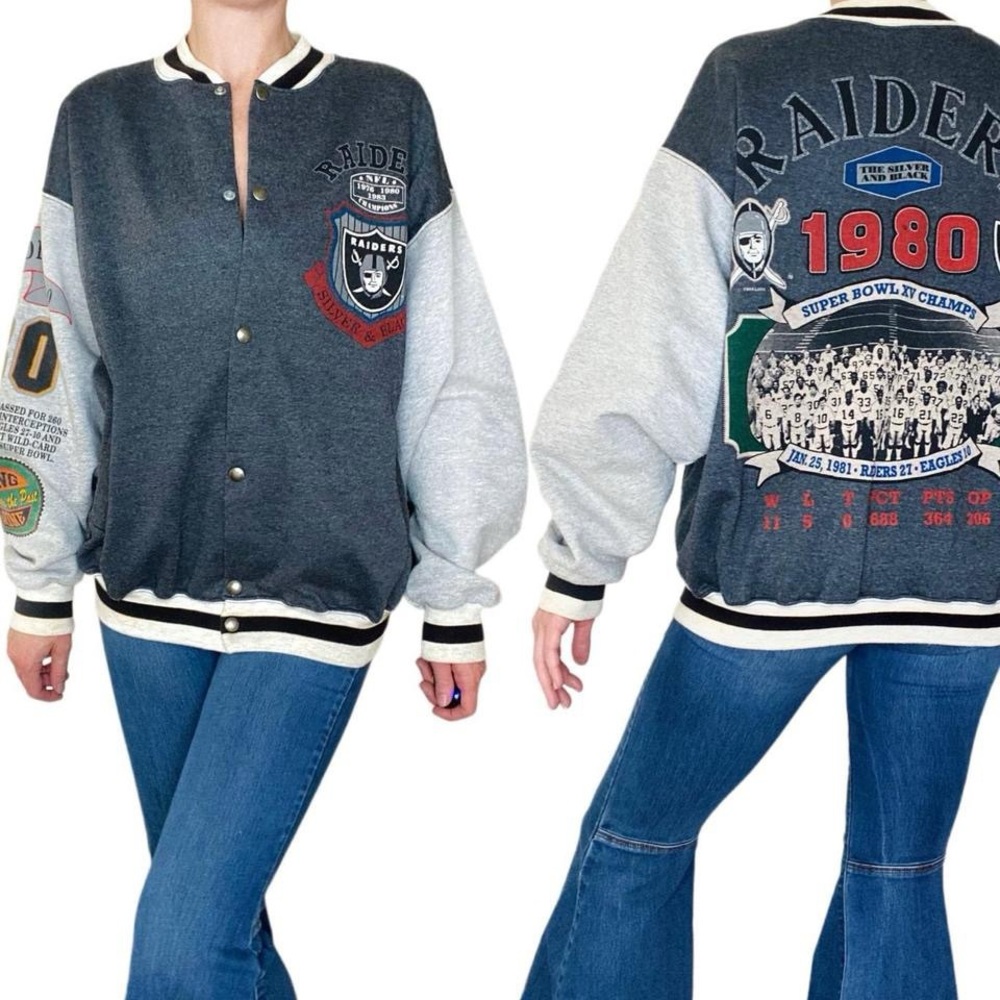 Vintage 1980’s Long Gone Los Angeles Raiders Super Bowl XV Champs Grey Cardigan